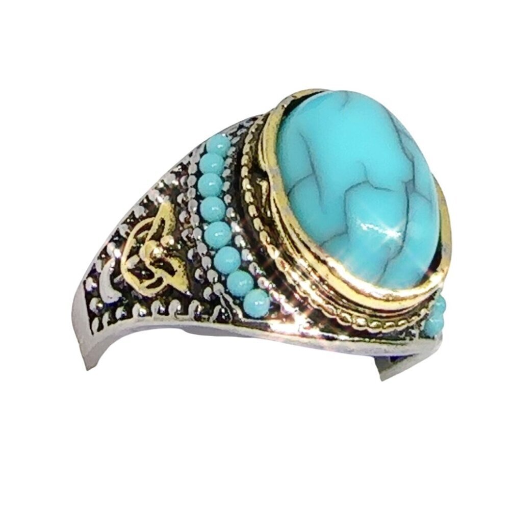 Turquoise Ring Gold and Silver Tone Unisex Size 9-11 - Picture 3 of 16